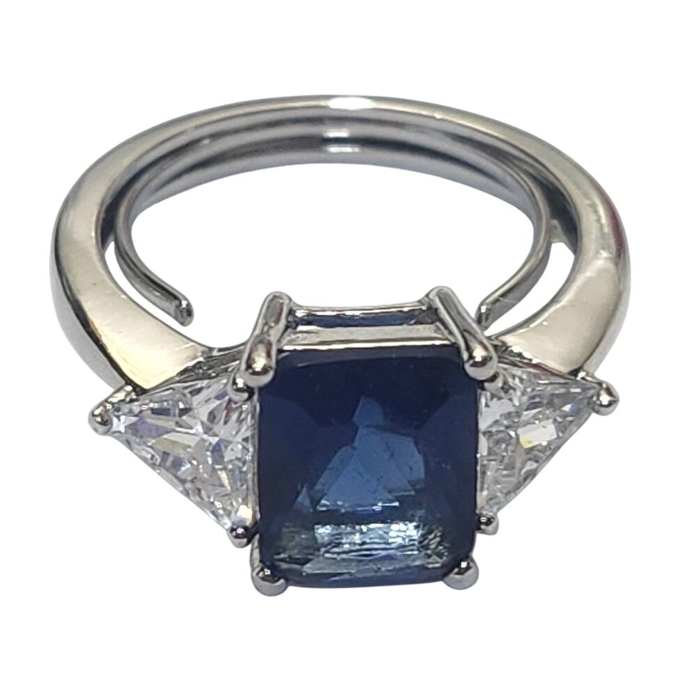 Sterling Silver Sapphire Blue CZ Three Stone Ring Trillion Size 9